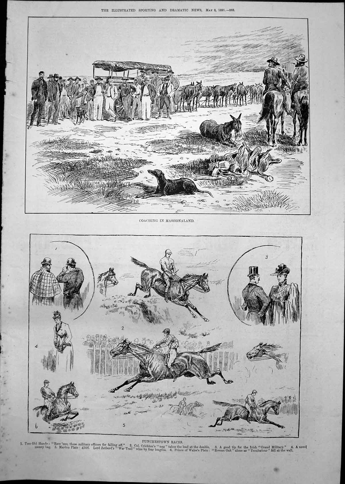 Antique Old Print Coaching In Mashonaland Punchestown Races Col Crichton 1891