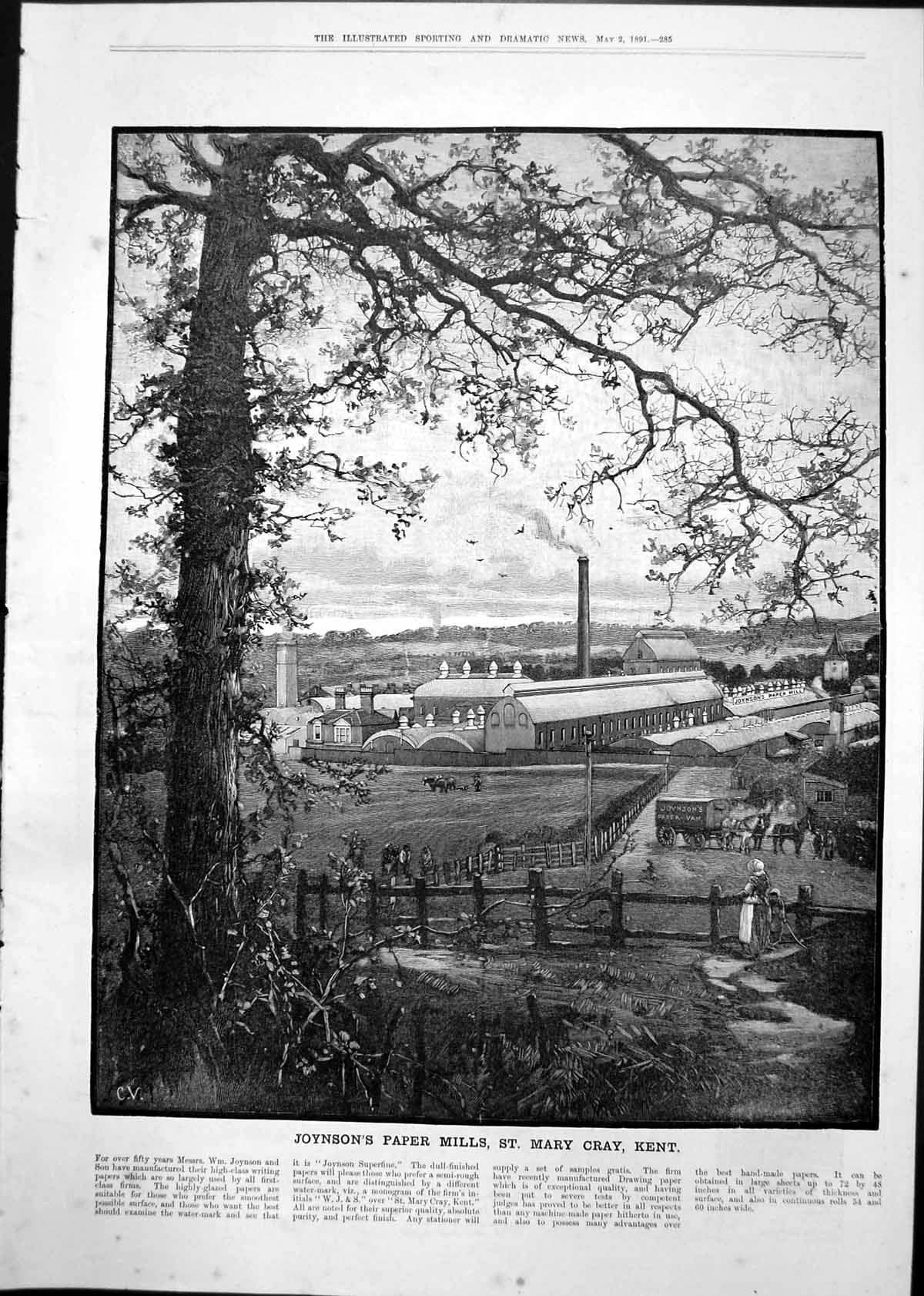 Antique Old Print Joynsons Paper Mills St Mary Cray Kent Writing Papers 1891
