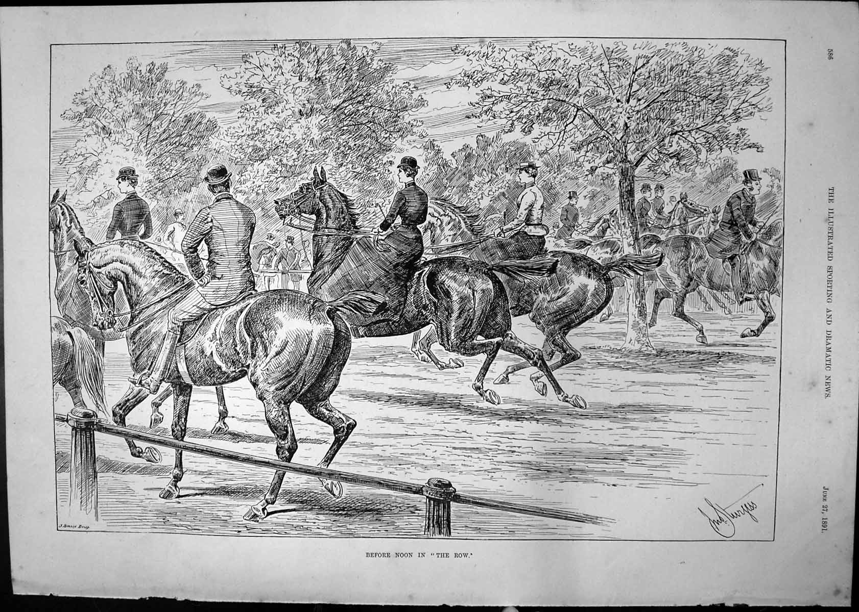Antique Old Print Before Noon The Row Sturgess Horses Riders Galloping 1891
