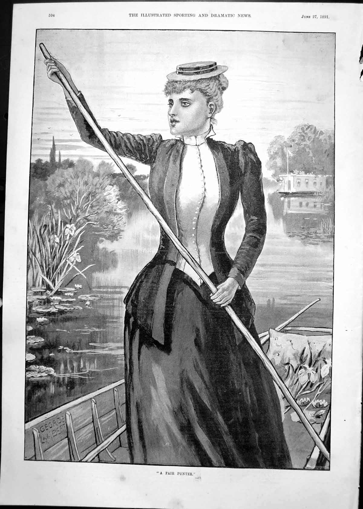 Antique Print Fair Punter George Lambert Lady Steering Boat Oars Canal 1891