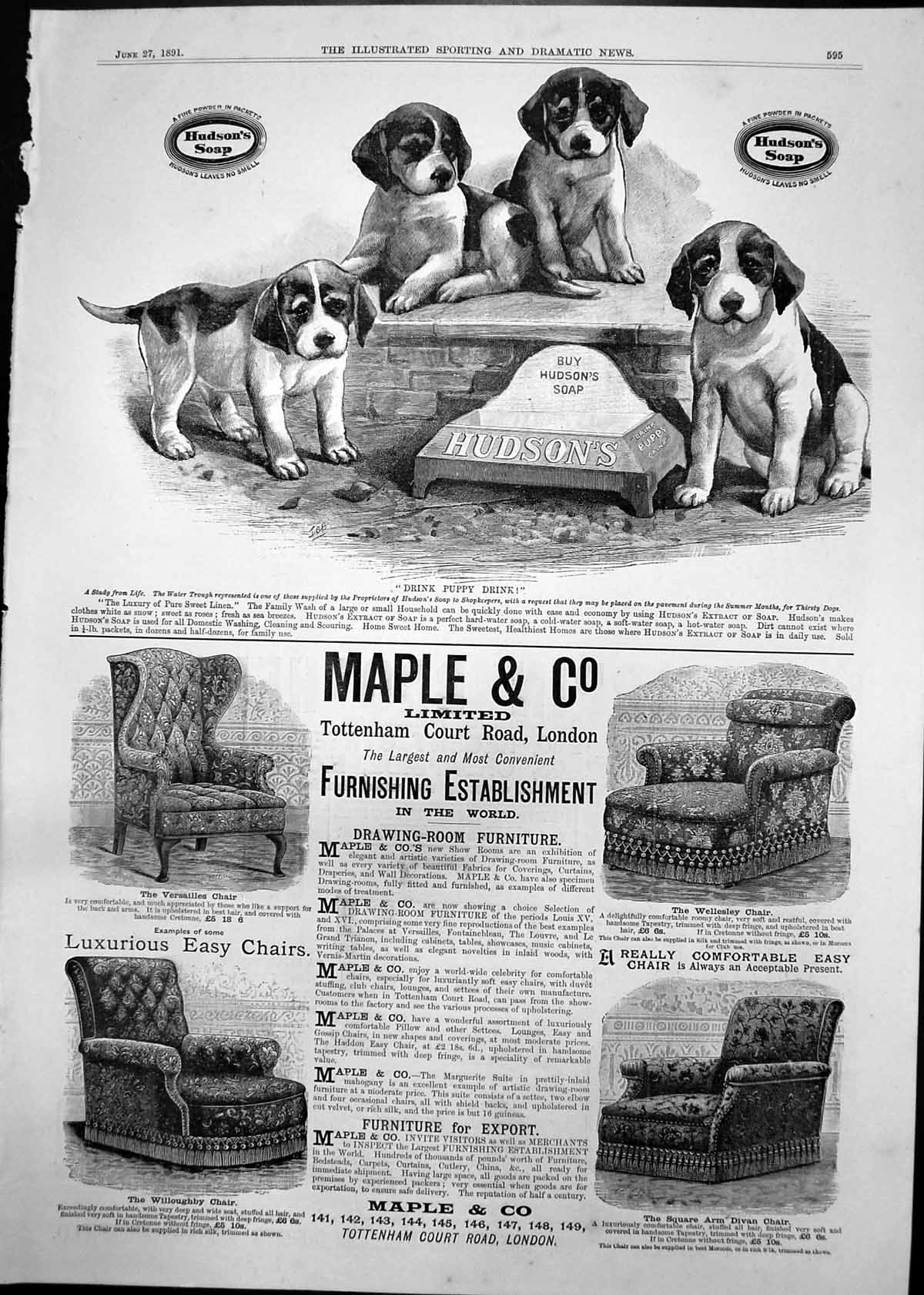 Antique Old Print Hudsons Soap Four Puppies Maple & Co Furniture Chairs 1891