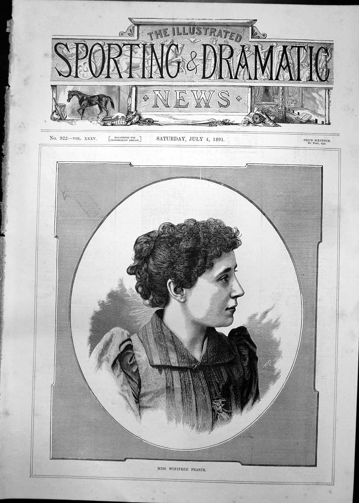 Antique Old Print Portrait Miss Winifred Fraser Woman Dark Curly Hair 1891 19th