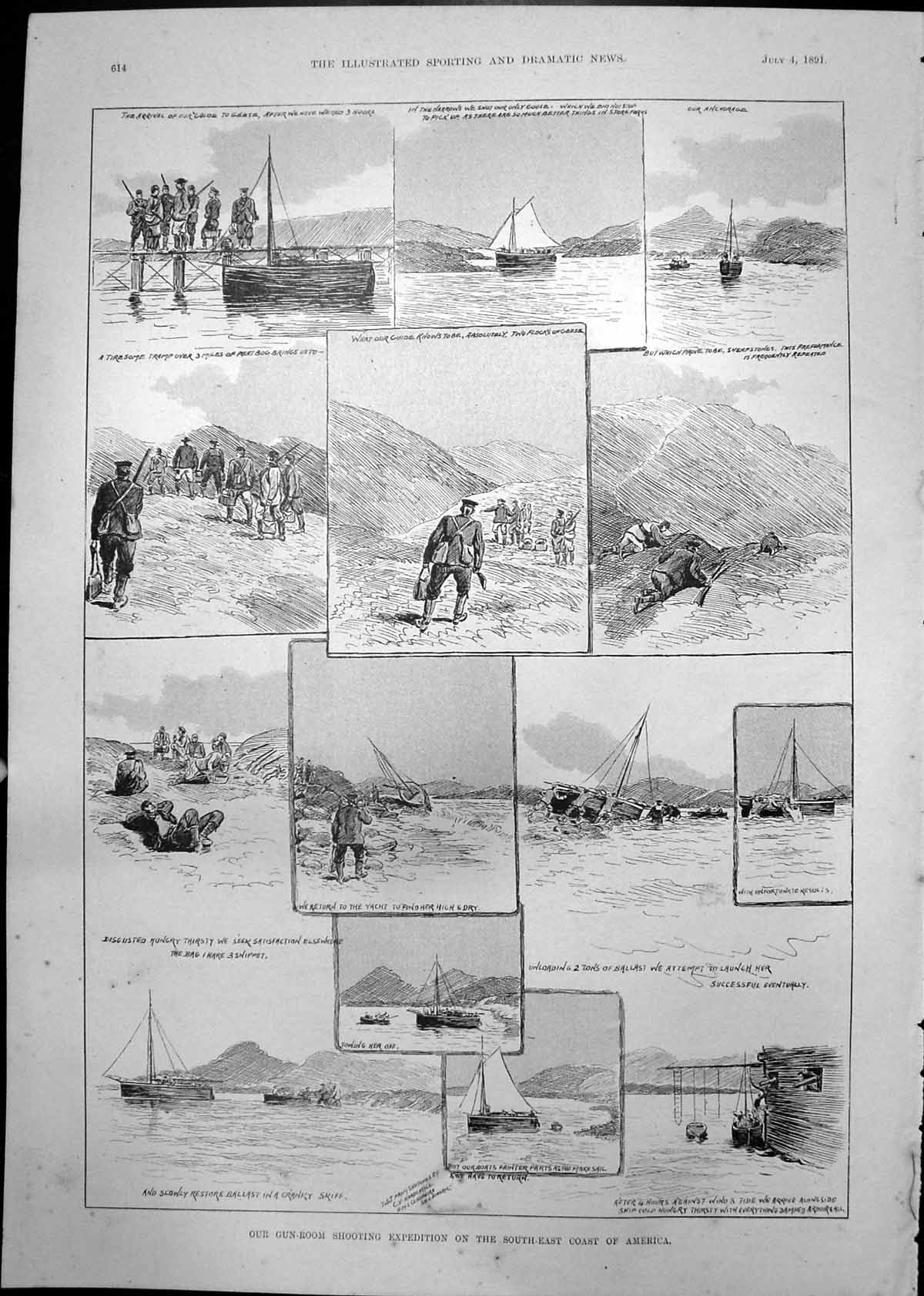 Antique Old Print Gun Room Shooting Expedition South East Coast America 1891