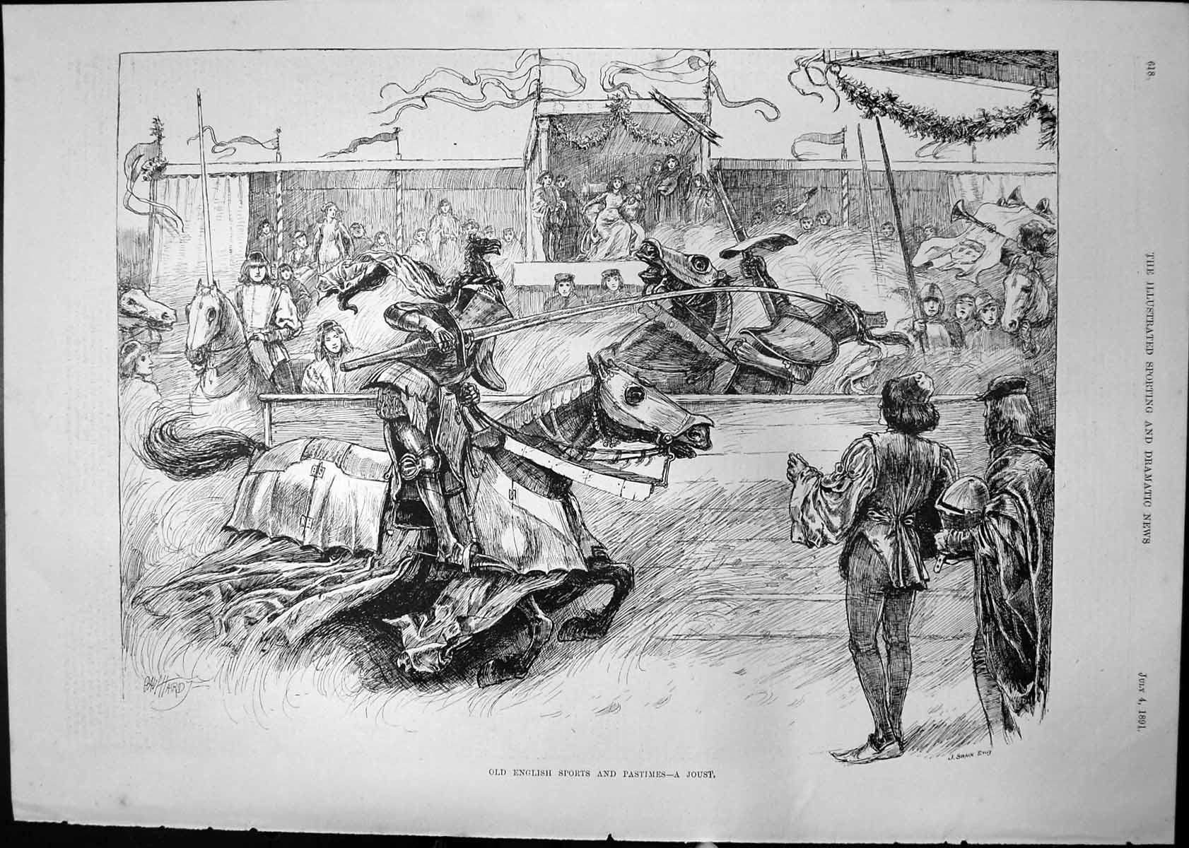 Old Antique Print English Sports Pastimes Joust Horses Riders Armour 1891 19th