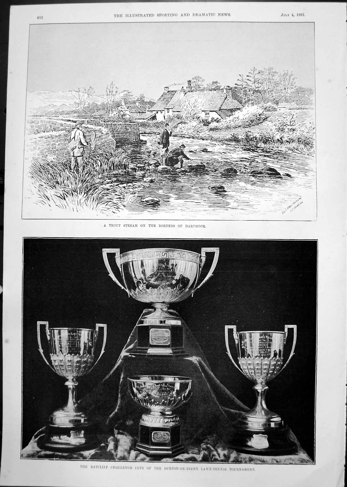 Old Print Trout Stream Dartmoor Ratcliff Tennis Cups Burton On Trent 1891 19th