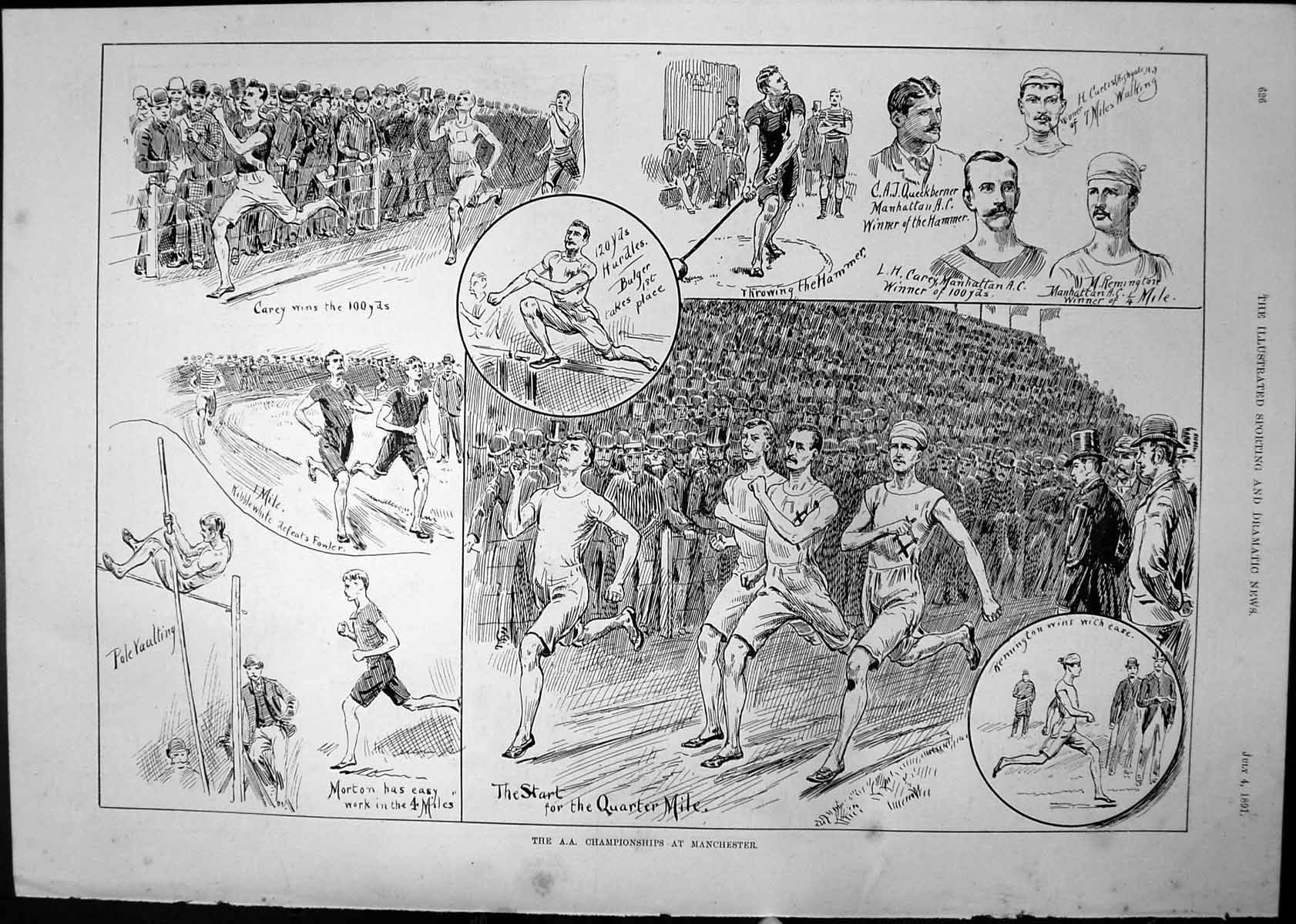 Antique Print A A Championships Manchester Hurdles Pole Vaulting Mile 1891 19th