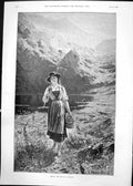 Old Antique Print Among Hills Norway Hans Dahl Woman Rake Wooden Tub 1891 19th
