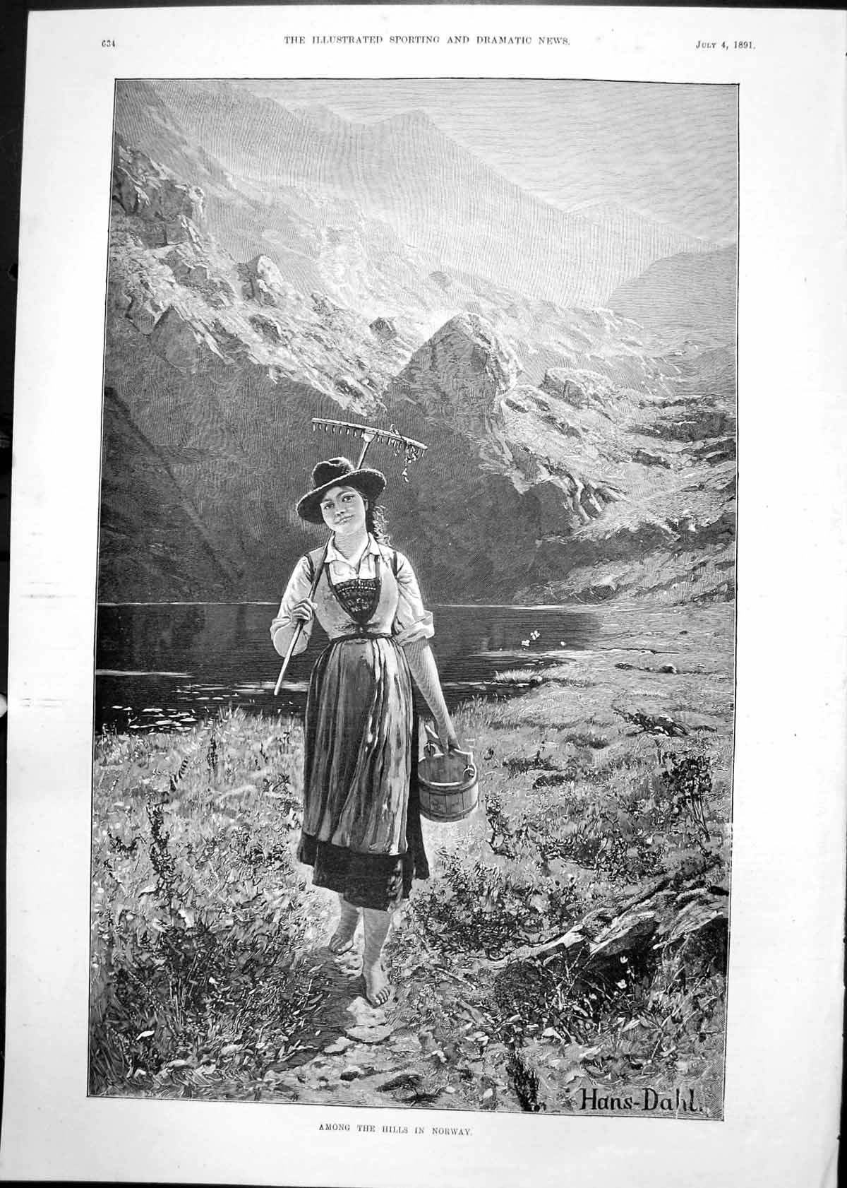 Old Antique Print Among Hills Norway Hans Dahl Woman Rake Wooden Tub 1891 19th