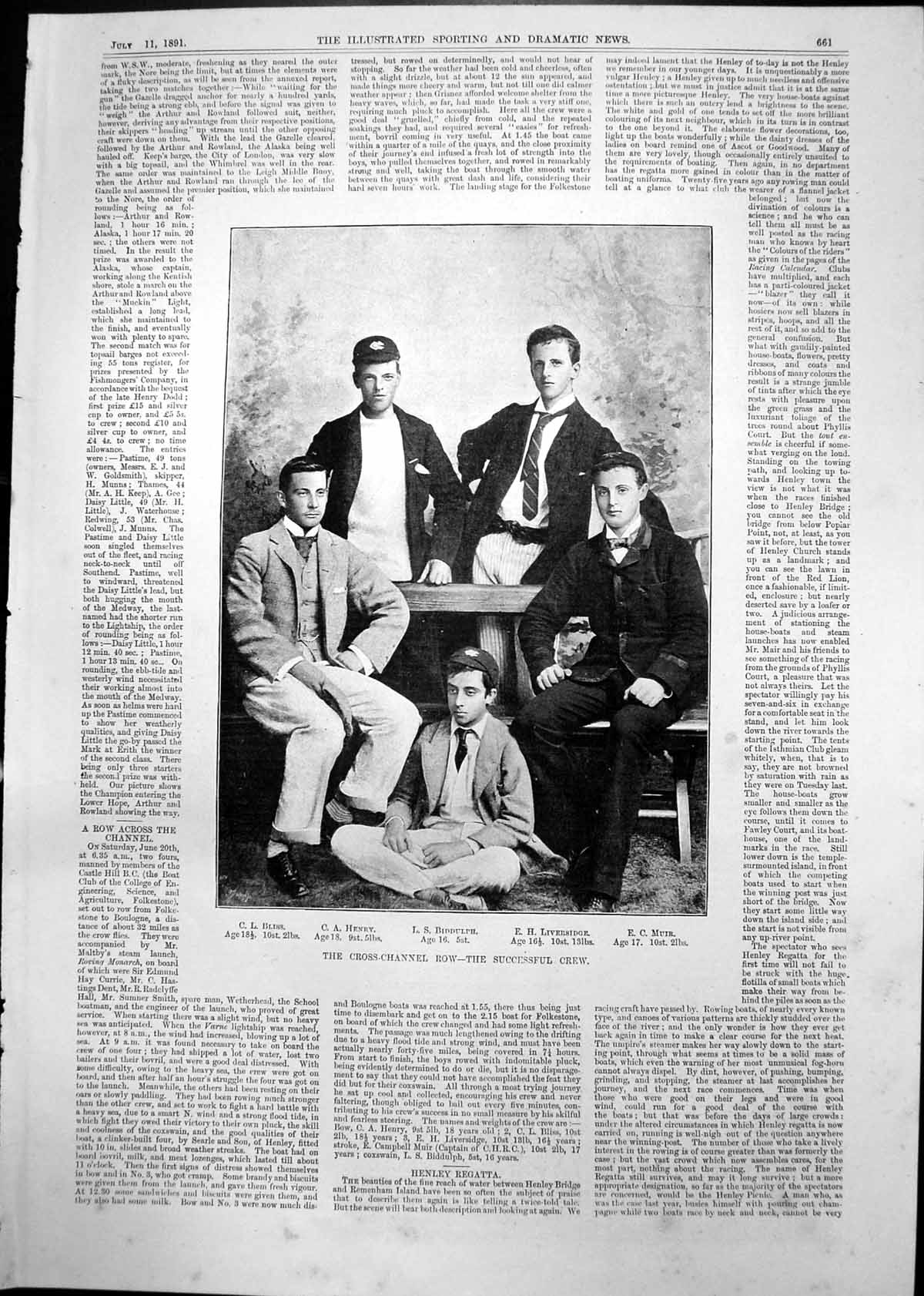 Old Cross Channel Row Successful Crew Bliss Henry Biddulph Muir 1891 Victorian