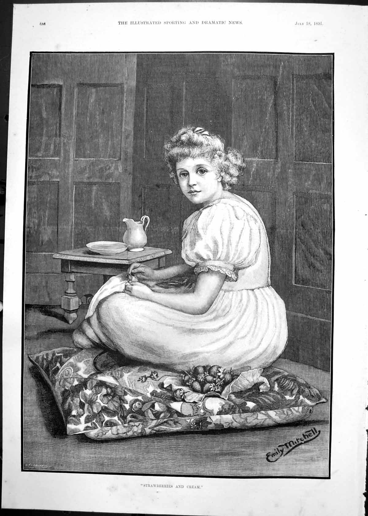 Antique Old Print Strawberries Cream Emily Mitchell Girl Sitting Cushion 1891