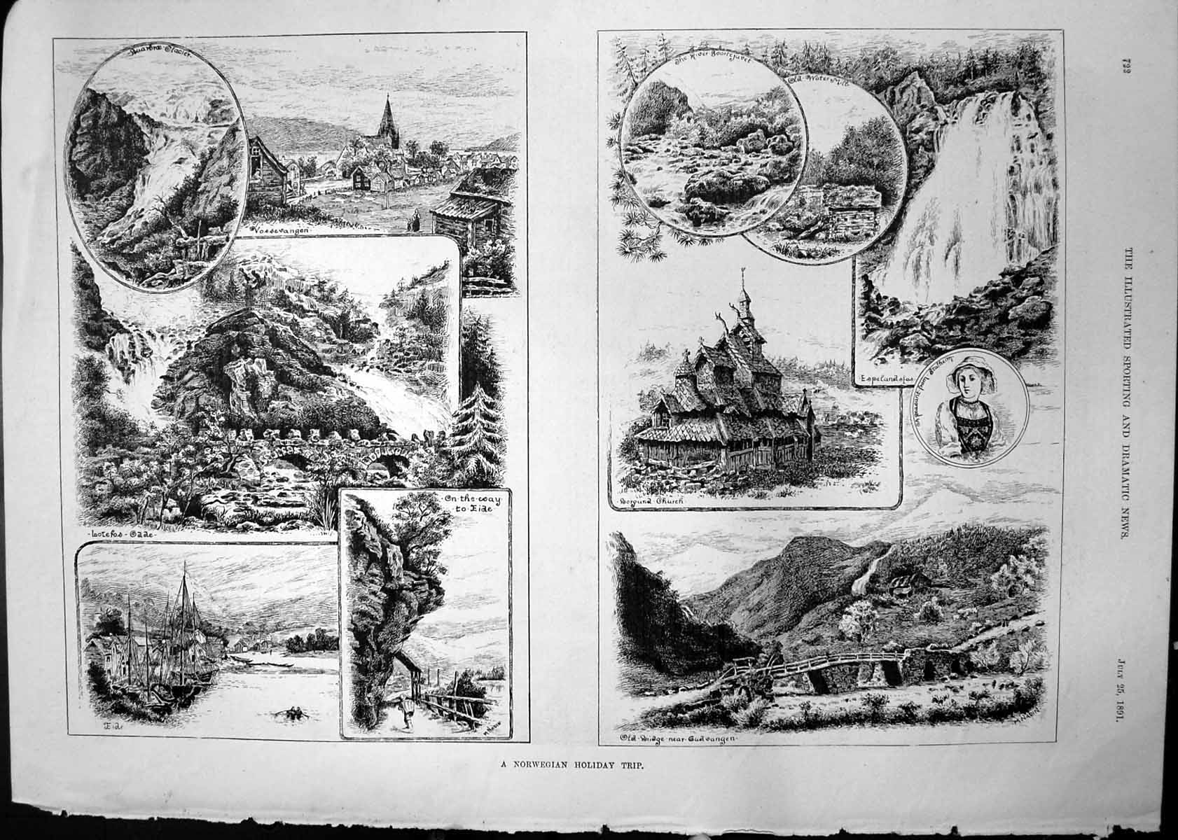 Antique Old Print Norwegian Holiday Trip Eide Vossevangen Borgund Church 1891