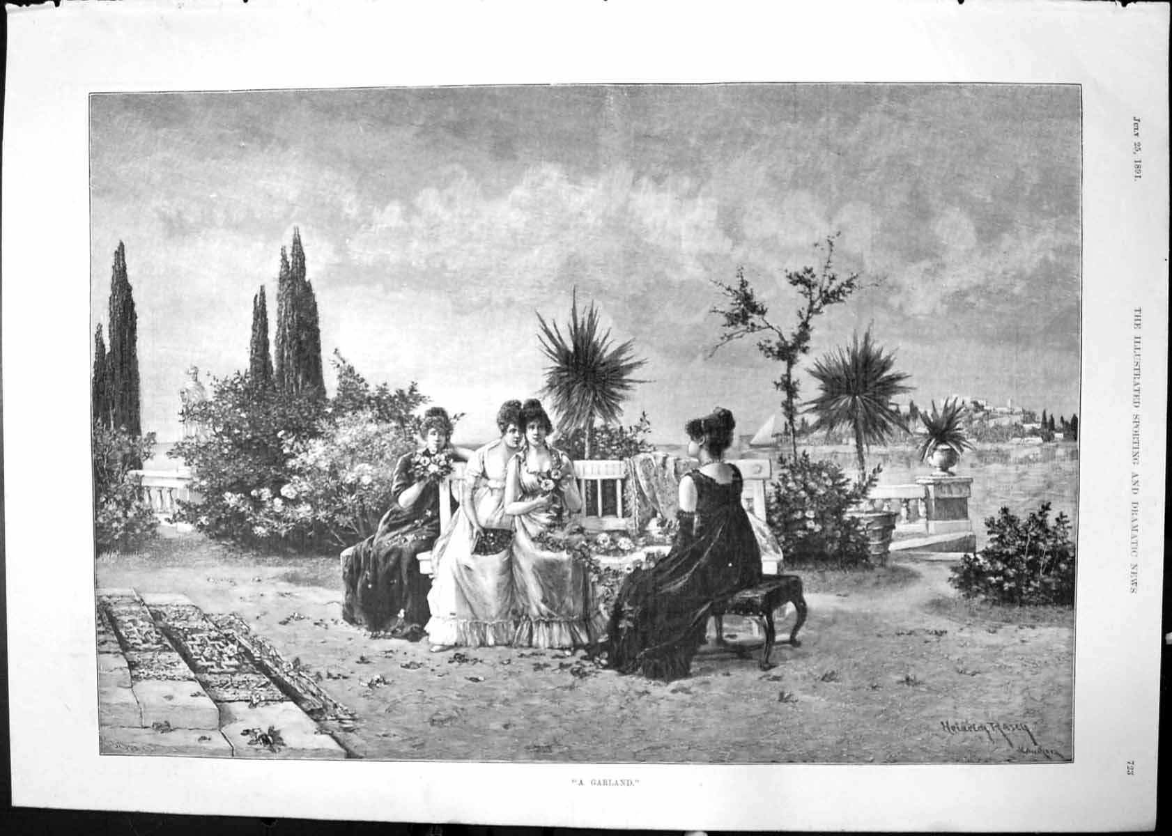 Old Garland H Rasey Four Ladies Bench Garden Palm Trees Flowers 1891 Victorian