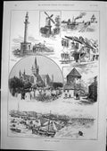 Antique Old Print Yarmouth Nelson Monument Windmill Gorleston Pier Sands 1891