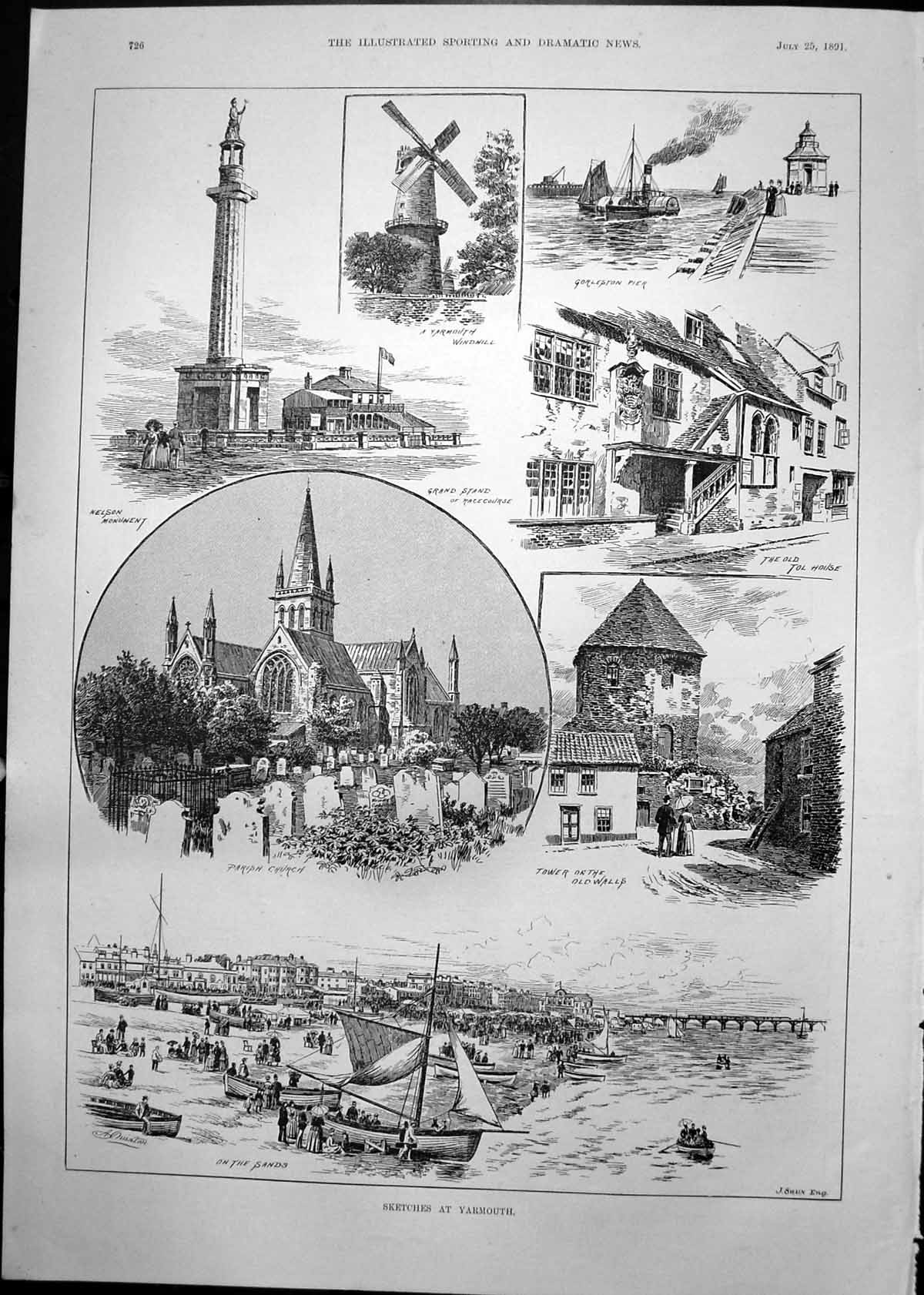Antique Old Print Yarmouth Nelson Monument Windmill Gorleston Pier Sands 1891