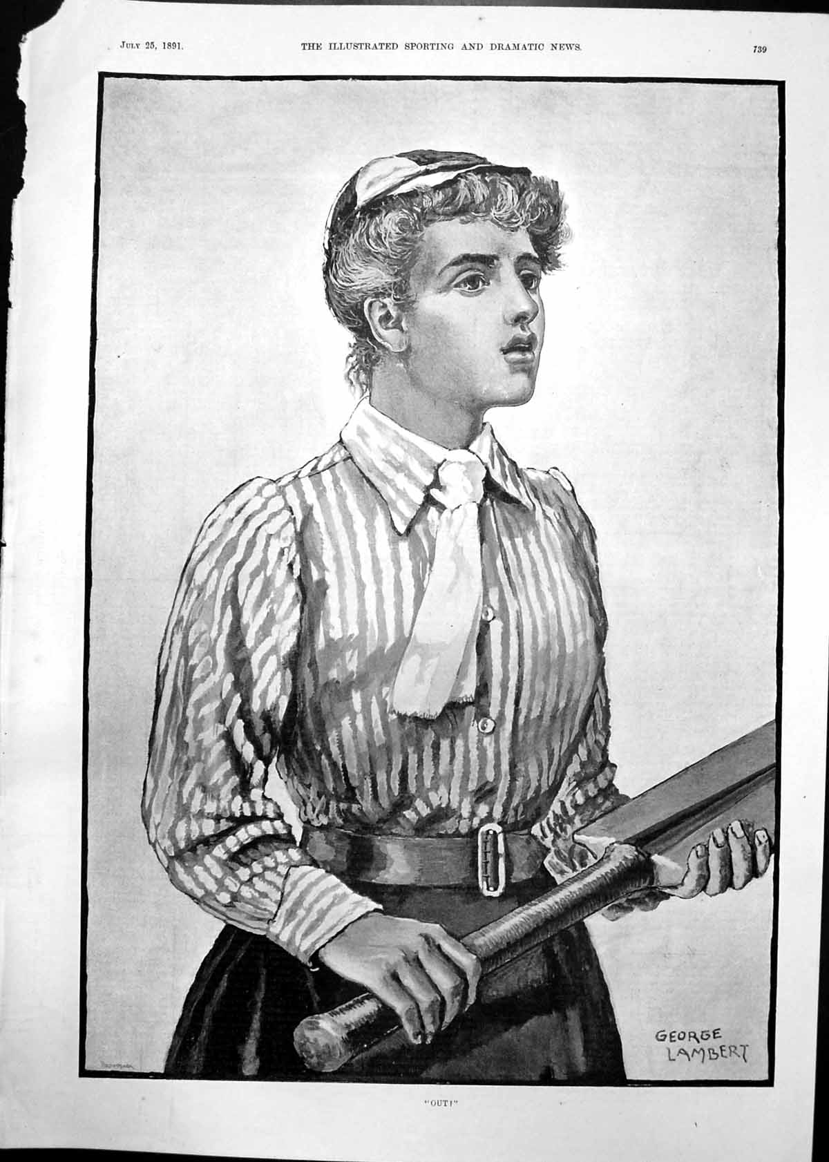 Original Old Antique Print Out George Lambert Cricketer Cap Hing Bat 1891 19th