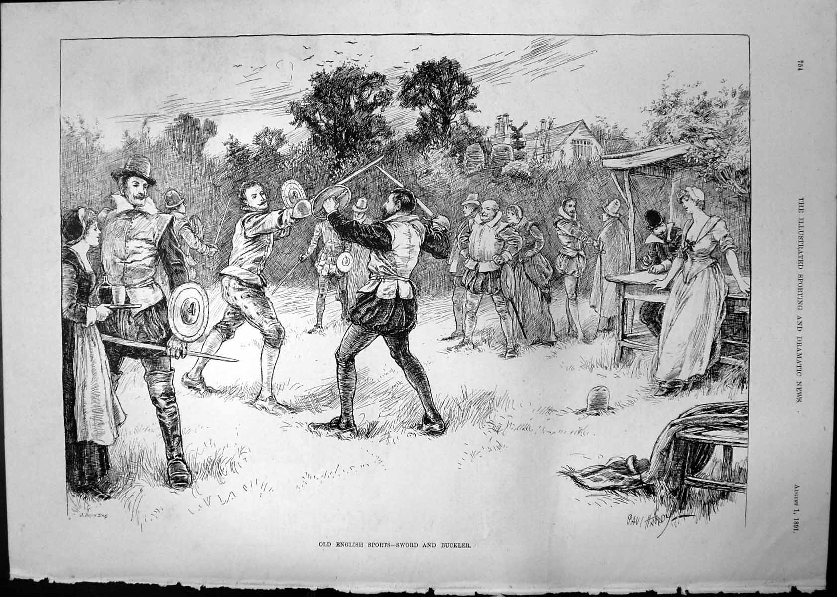 Original Old Antique Print English Sports Sword Buckler Paul Hardy J Swain 1891