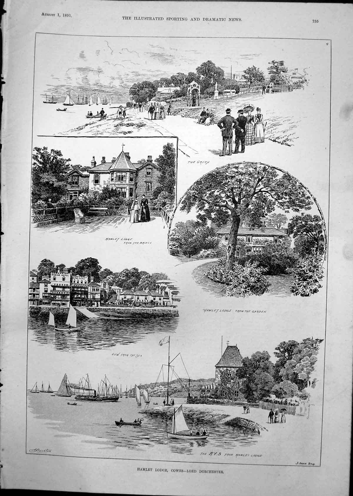 Antique Old Print Hamlet Lodge Cowes Lord Dorchester Green Garden Yachts 1891