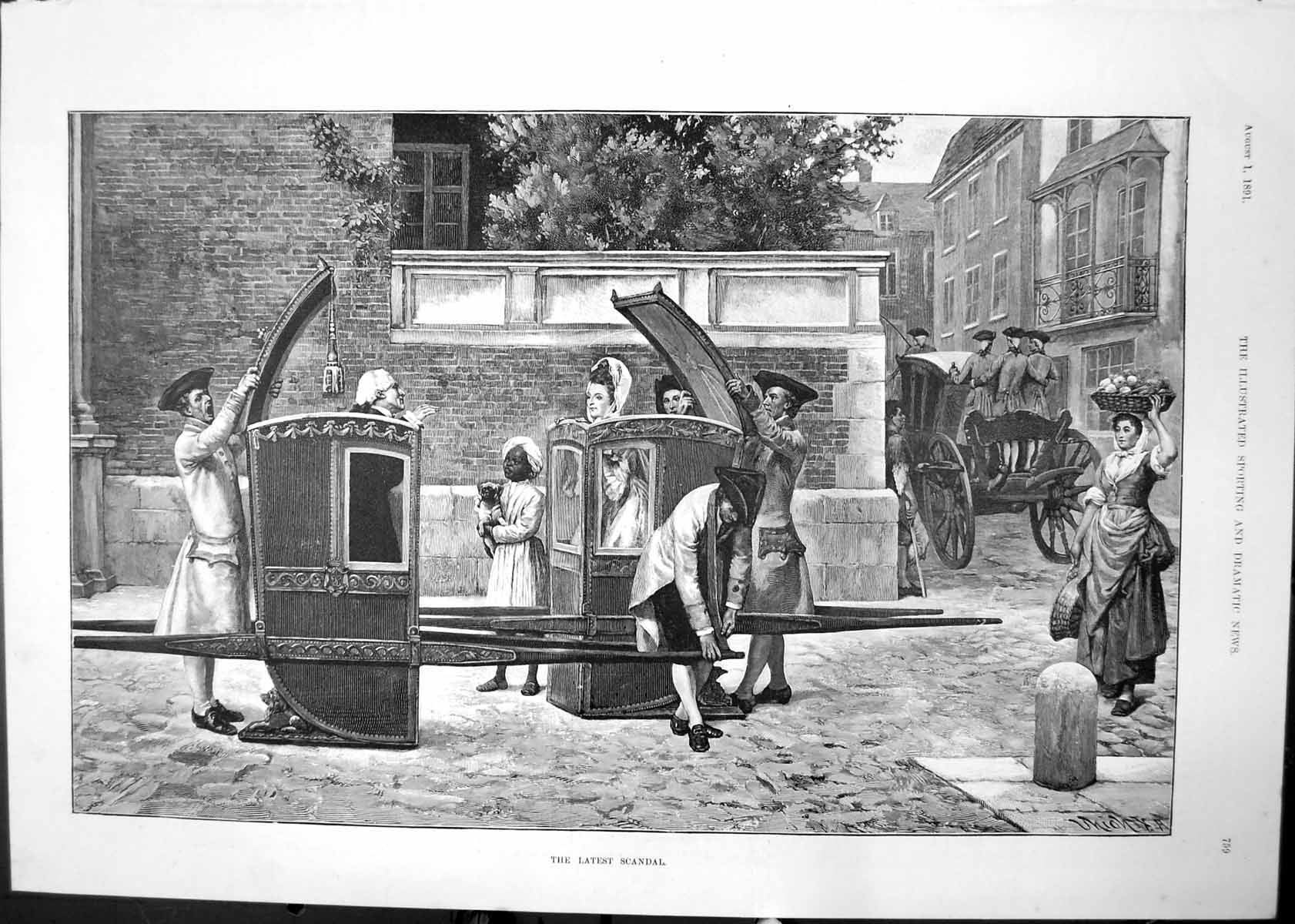 Antique Old Print Latest Scandal er Man Young Woman Meet Sedan Chairs 1891 19th