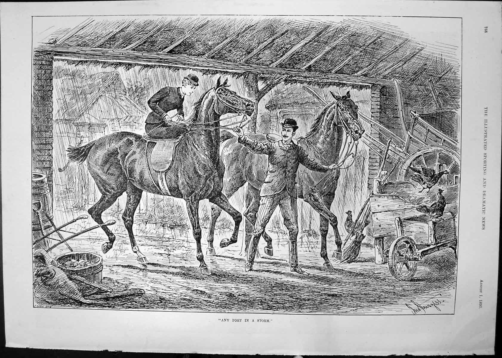 Old Print Any Port In Storm Horses Barn Sturgess Travelled Postcard 1891 19th