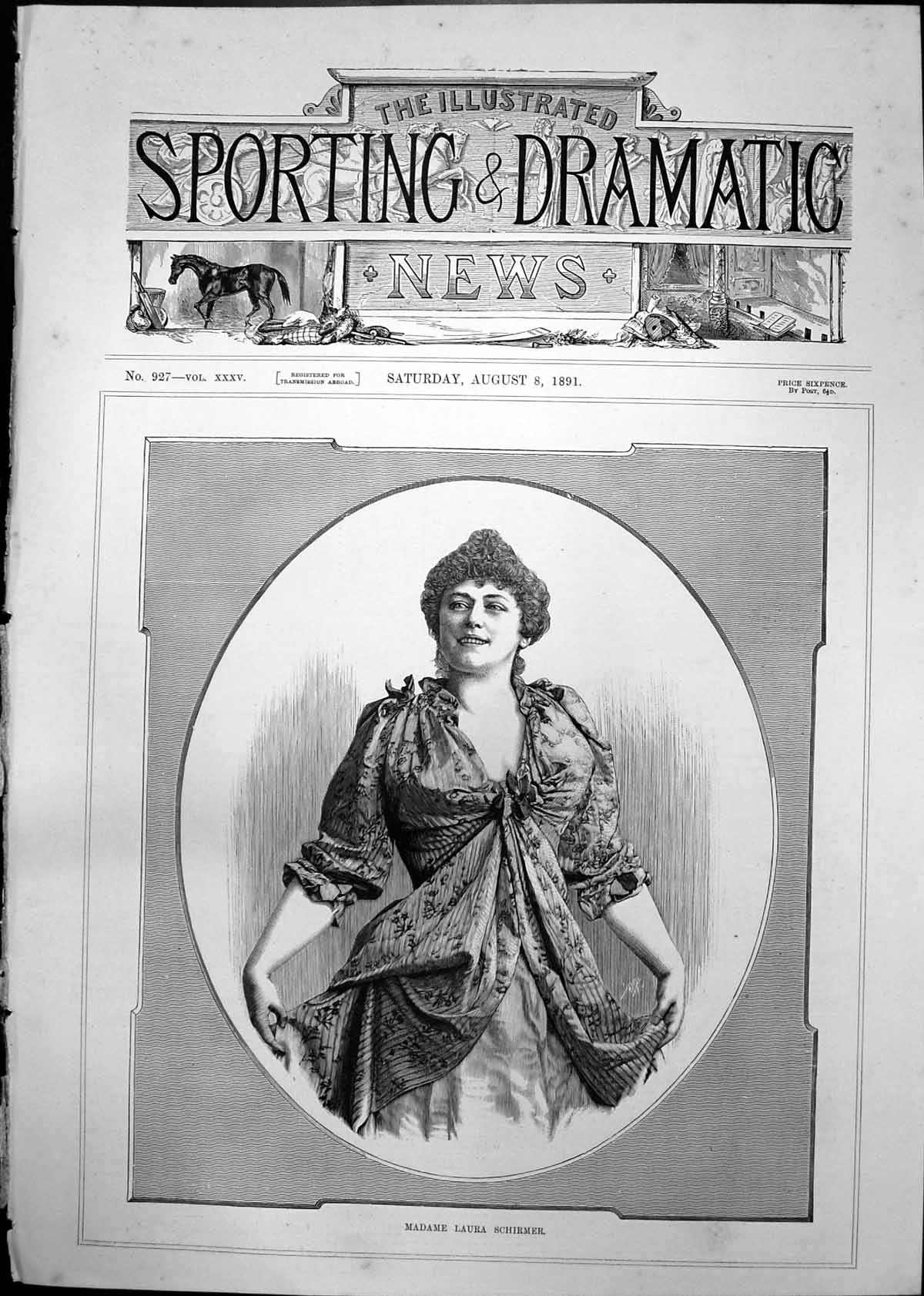 Old Antique Print Madame Laura Schirmer Woman Curly Hair Hing Dress 1891 19th