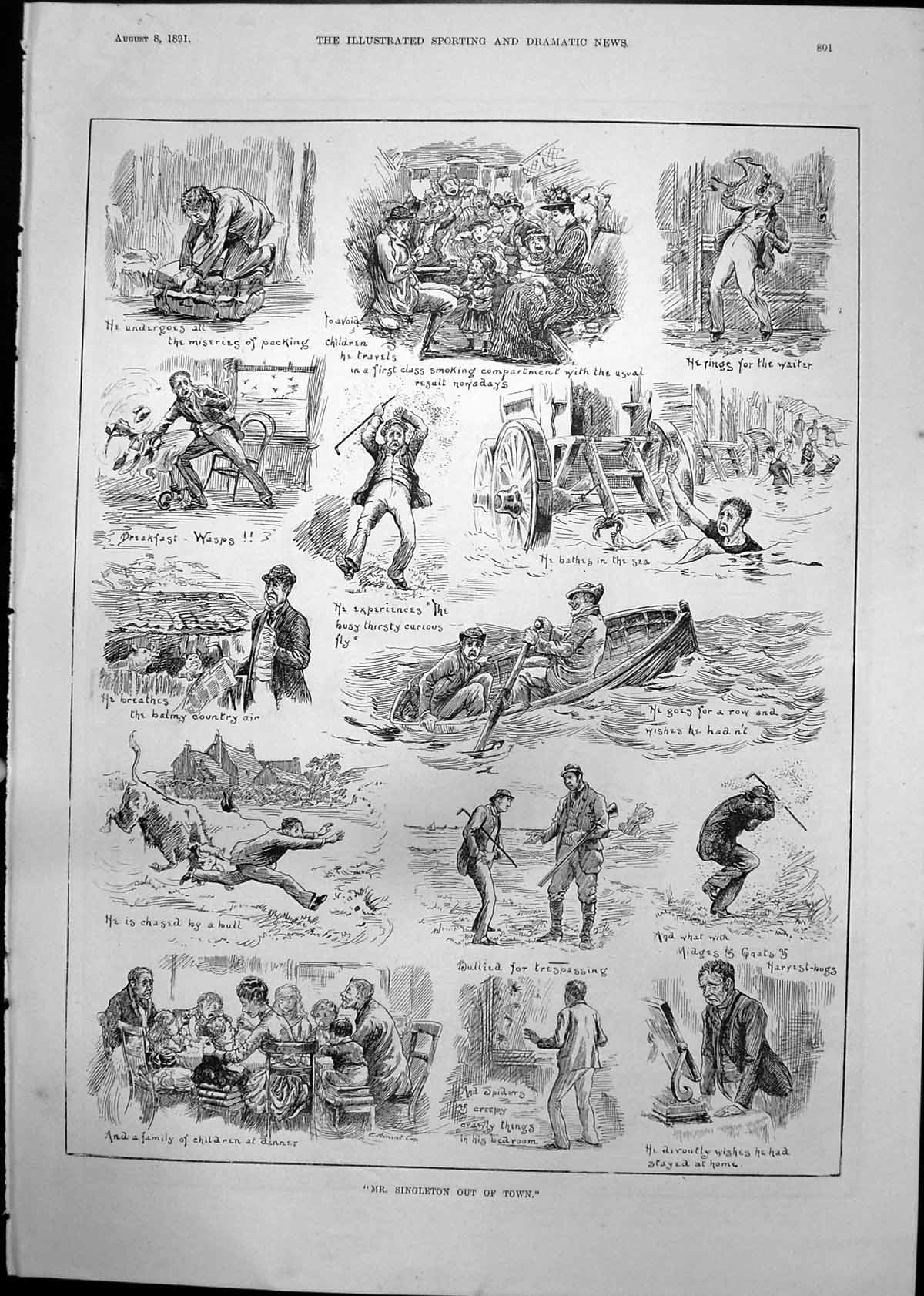Antique Old Print Mr Singleton Out Town Thames Richmond Hampton Court 1891 19th