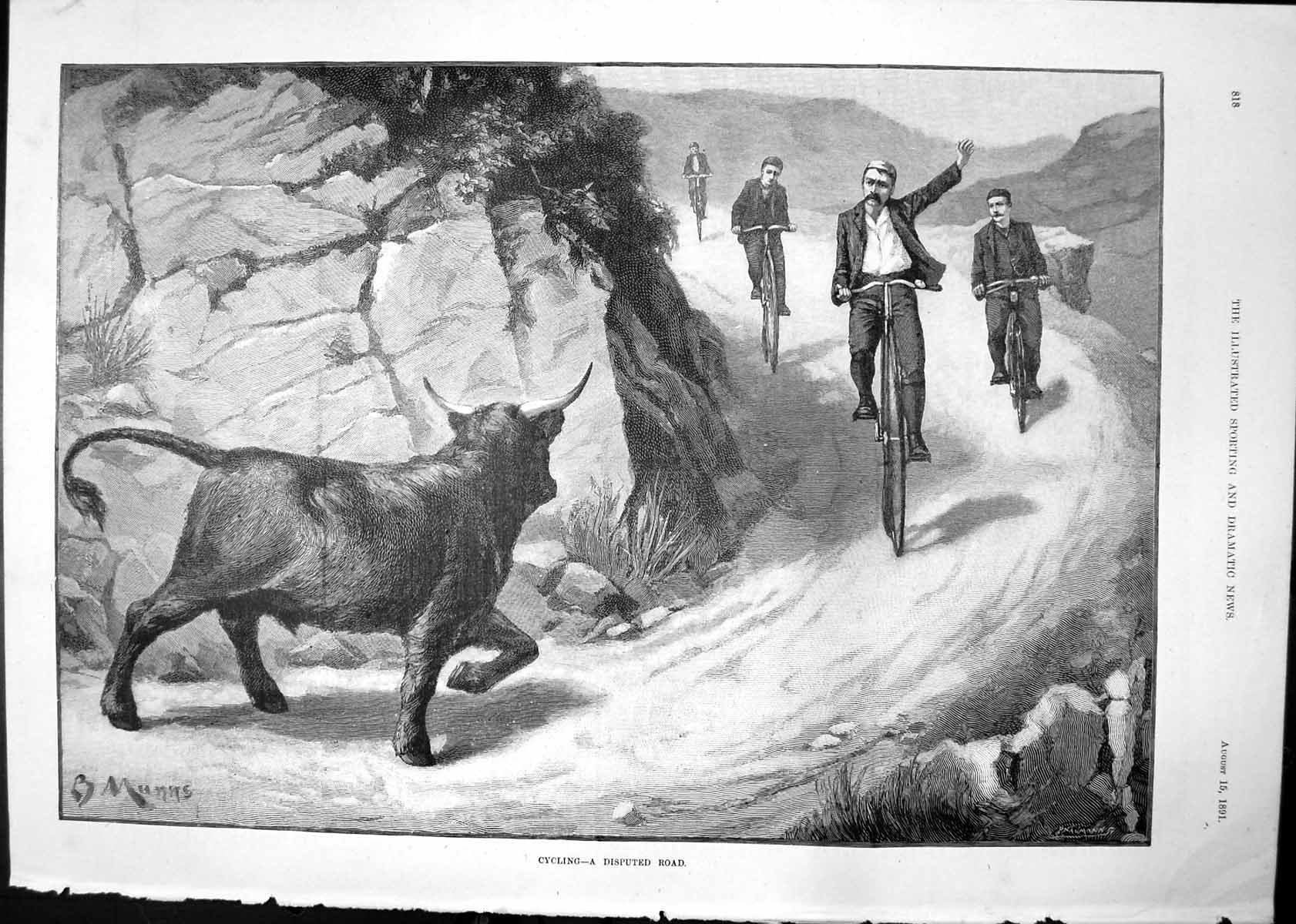 Antique Old Print Cycling Disputed Road B Munns Cow Horns Road Cyclists 1891