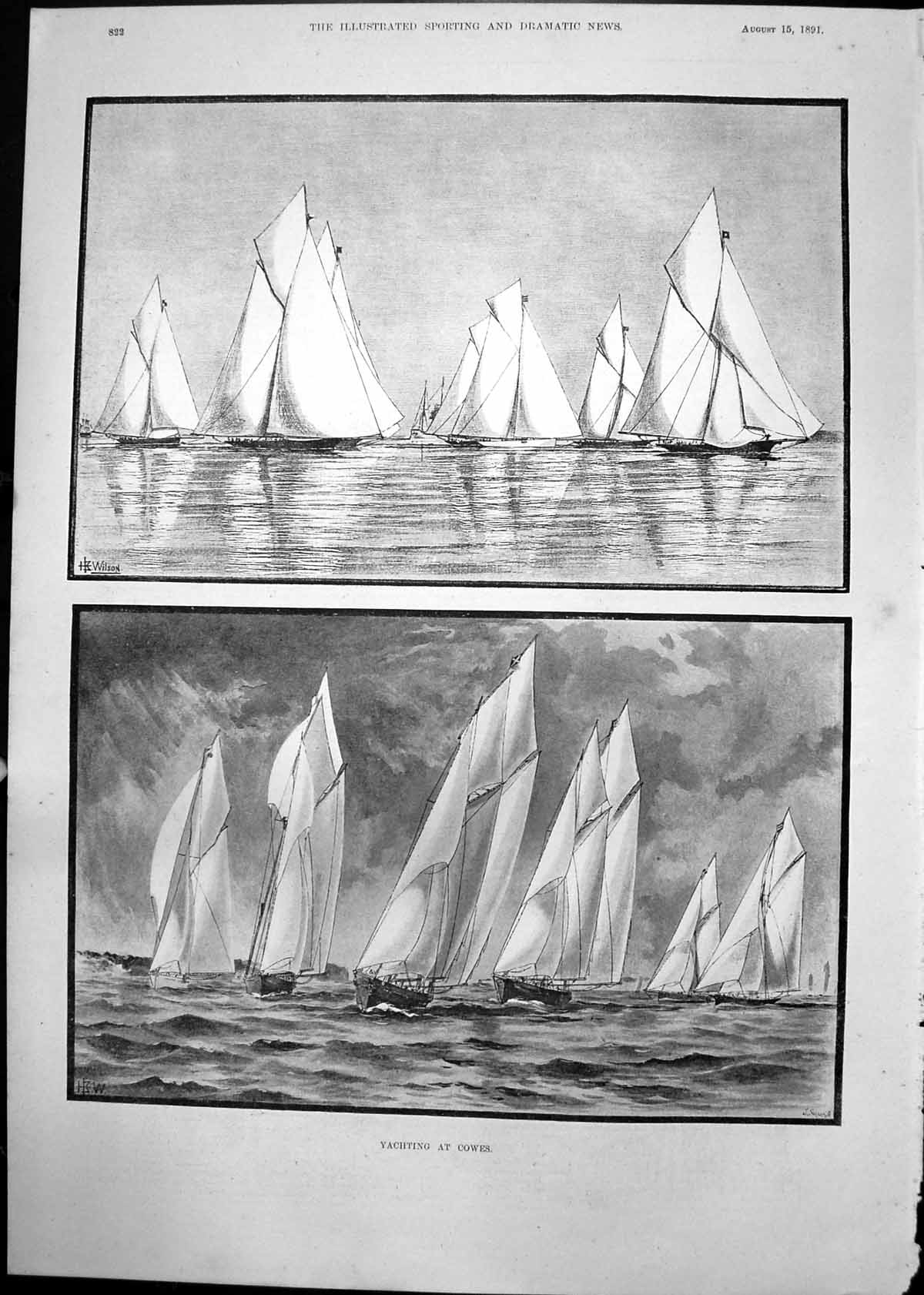 Original Old Antique Print Yachting Cowes H Wilson Yachts Sea Full Sail 1891