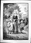 Antique Old Print Wild Flowers G Edwards Woman Two Girls Flowers Wood 1891 19th