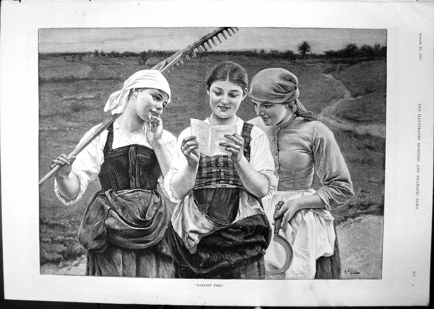 Antique Old Print Harvest Time Three Girls Rake Sickle Reading Letter 1891 19th