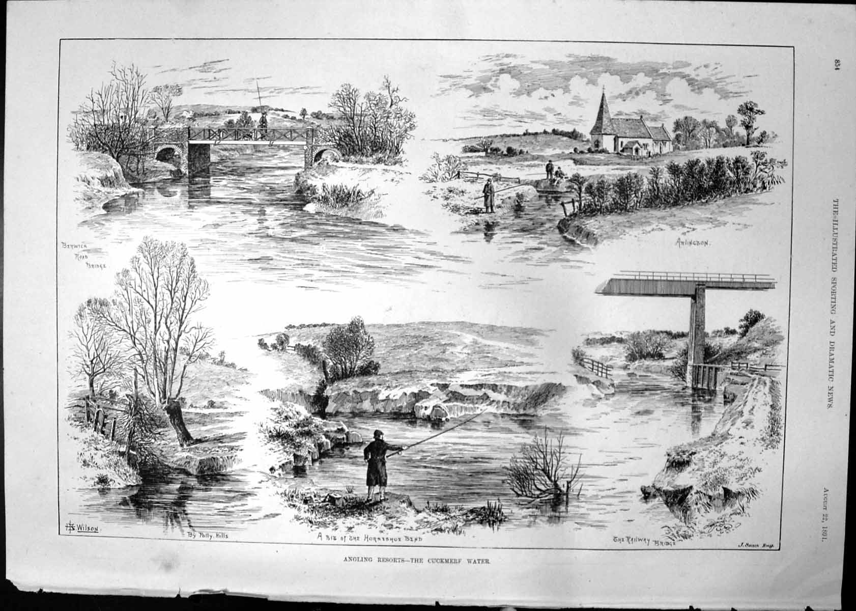 Antique Print Angling Resorts Cuckmerf Water Berwick Bridge Arlington 1891 19th