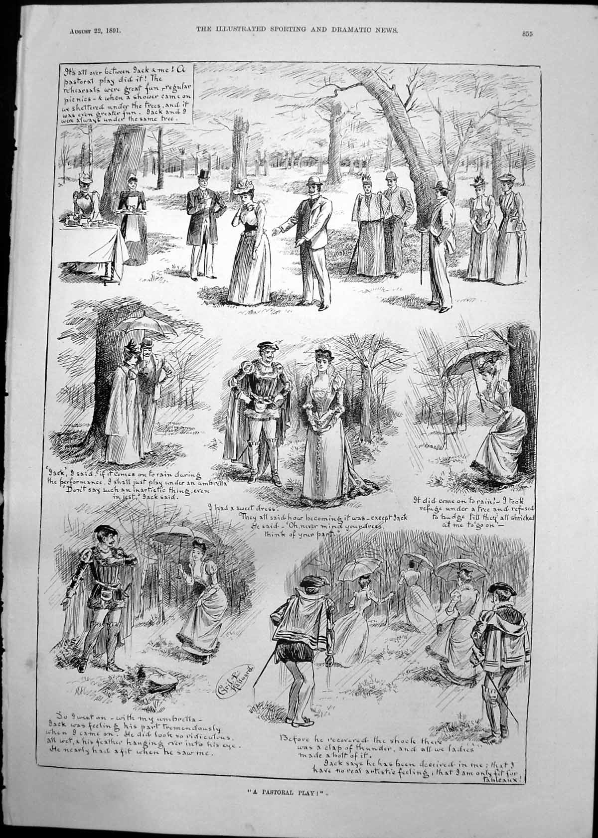 Old Print Pastoral Play Cyril Hallward Jack Lady Rehearsals Umbrella 1891 19th