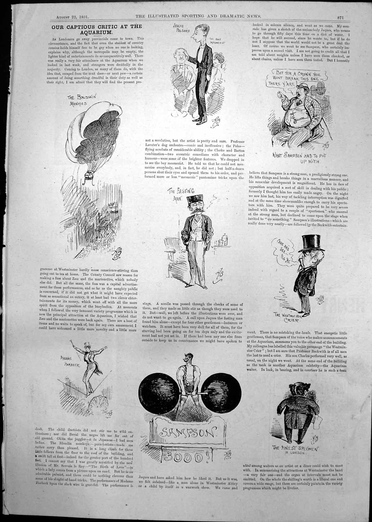 Old Captious Critic Aquarium Baldwin Monkies Fasting Man Sampson 1891 Victorian