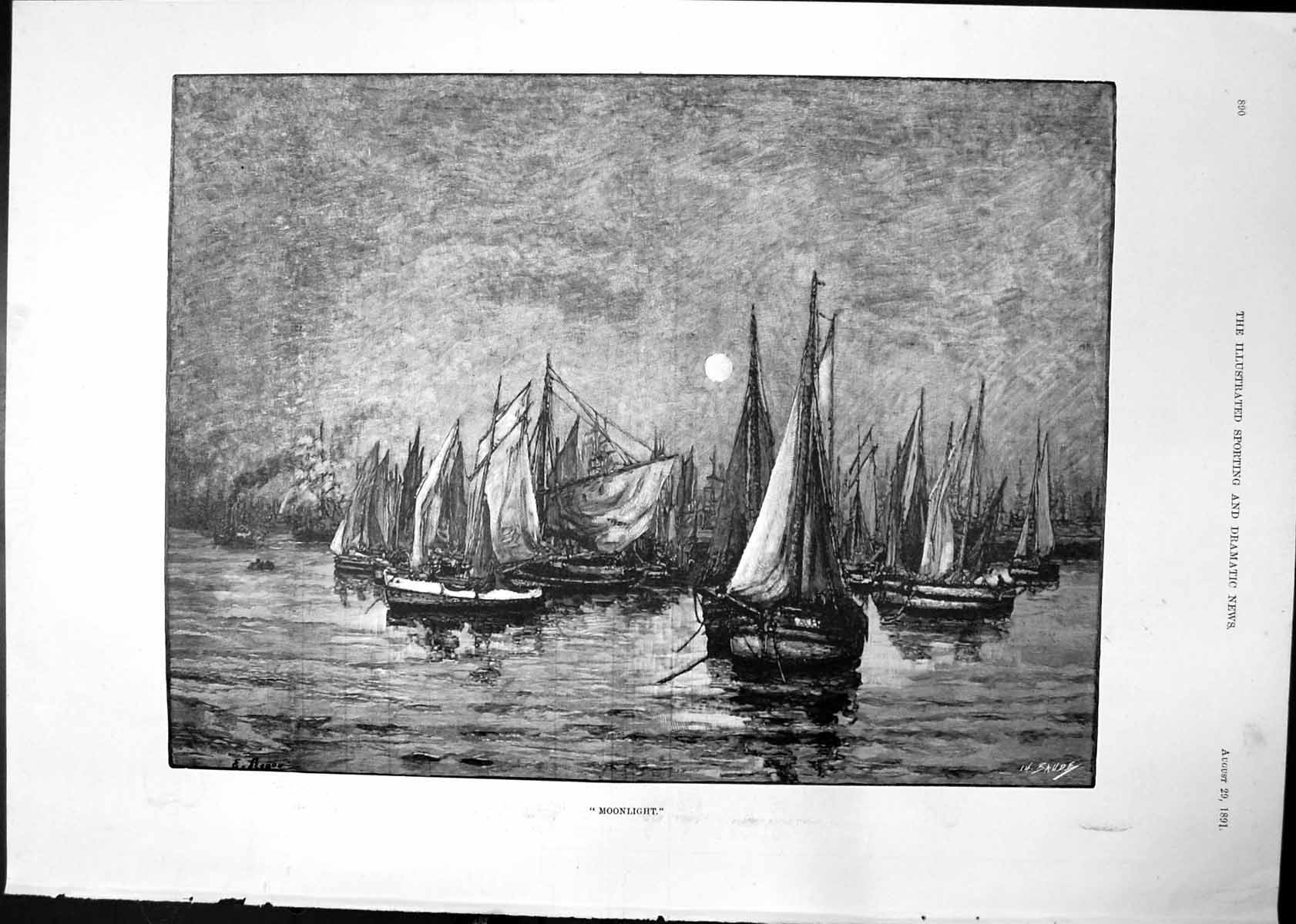 Old Antique Print Moonlight Baude Yachts Middlesex Yeomanry Richmond 1891 19th