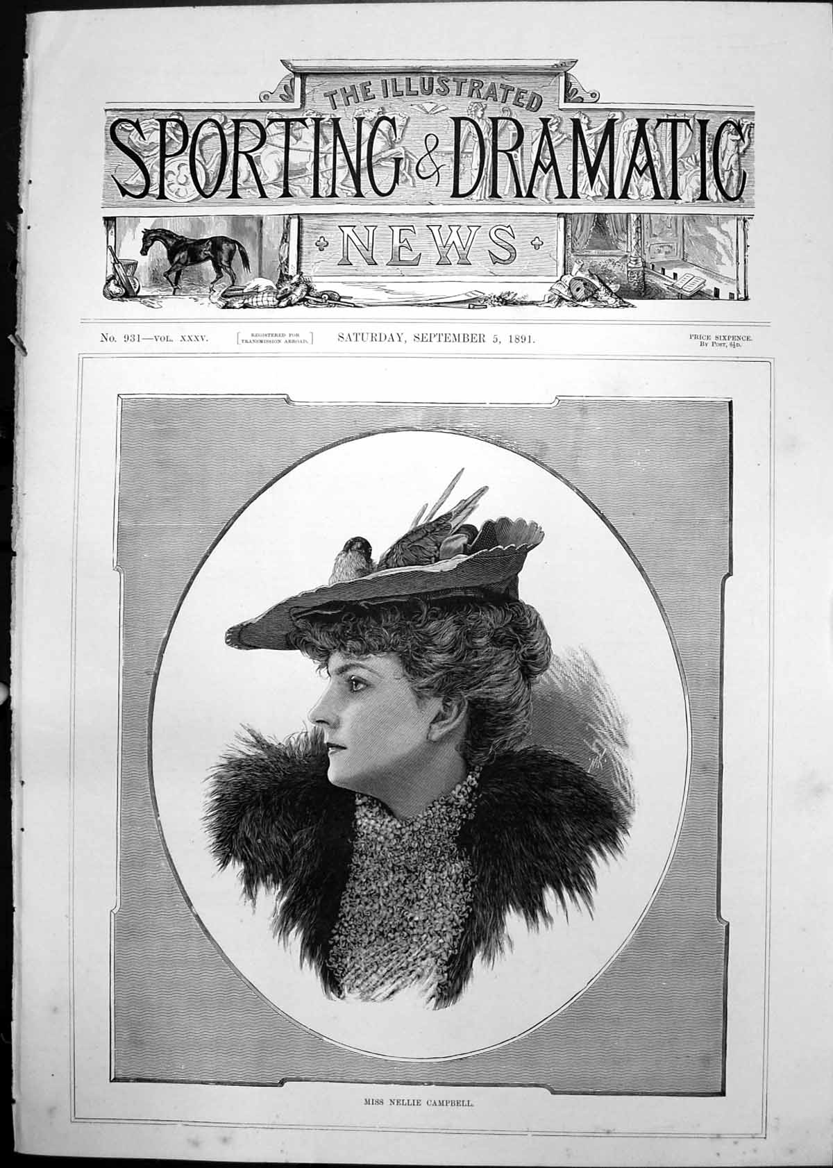 Old Antique Print Miss Nellie Campbell Portrait Woman Hat Fur Stole 1891 19th