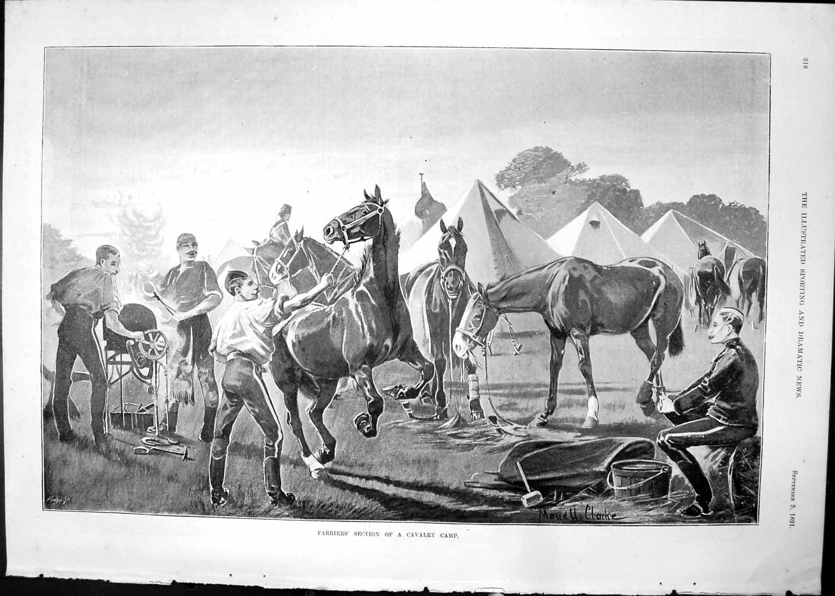 Antique Print Farriers Section Cavalry Camp M Clarke Making Horse Shoe 1891