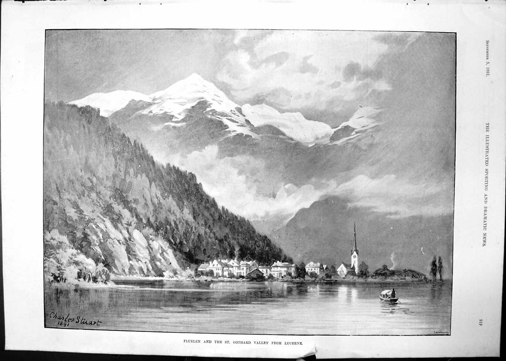 Old Fluelen St Gothard Valley Lucerne Charles Stuart Church Spire 189 Victorian