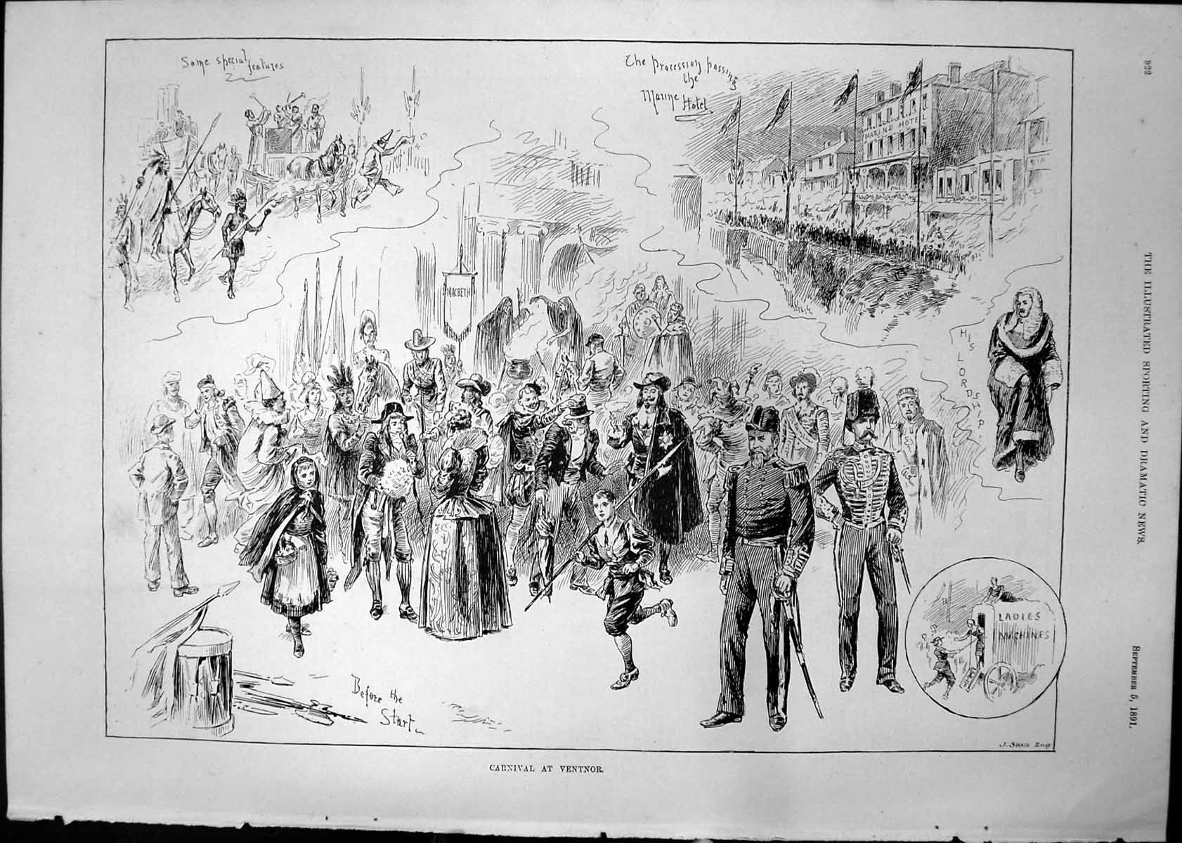 Antique Print Carnival Ventnor Procession Passing Marine Hotel Macbeth 1891