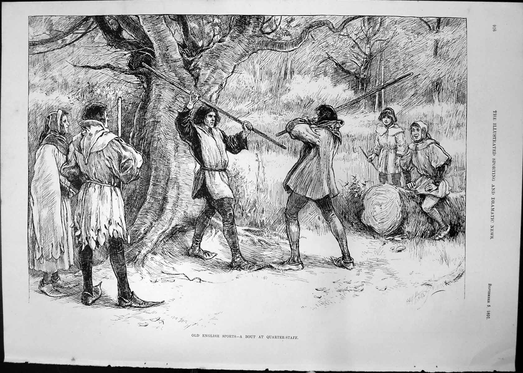 Antique Old Print English Sports Bout Quarter Staff Men Poles Onlookers 1891
