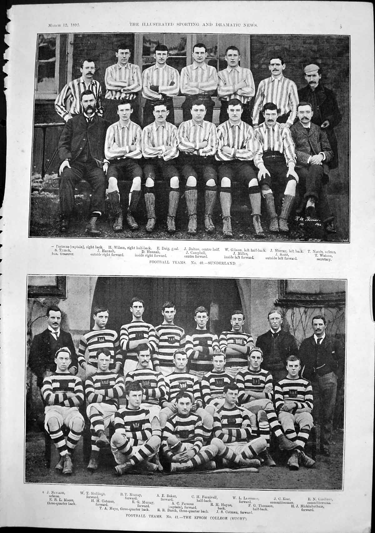 Original Old Antique Print Football Teams Sunderland Epsom College Rugby 1892