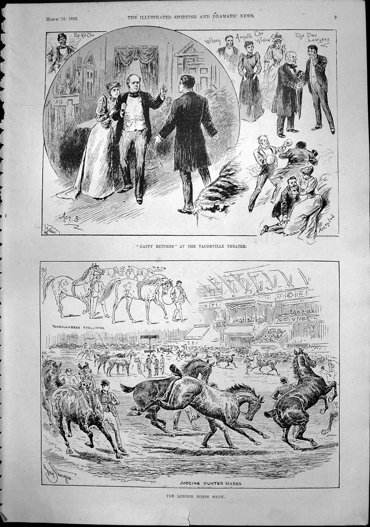 Old Print Happy Returns Vaudeville Theatre London Horse Show Judging 1892 19th