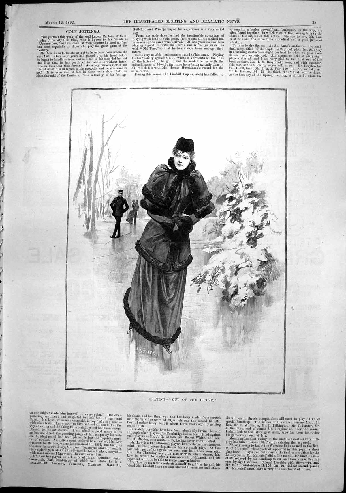 Old Antique Print Skating Out Crowd Napier Lady Fur Hat Skating Lake 1892 19th