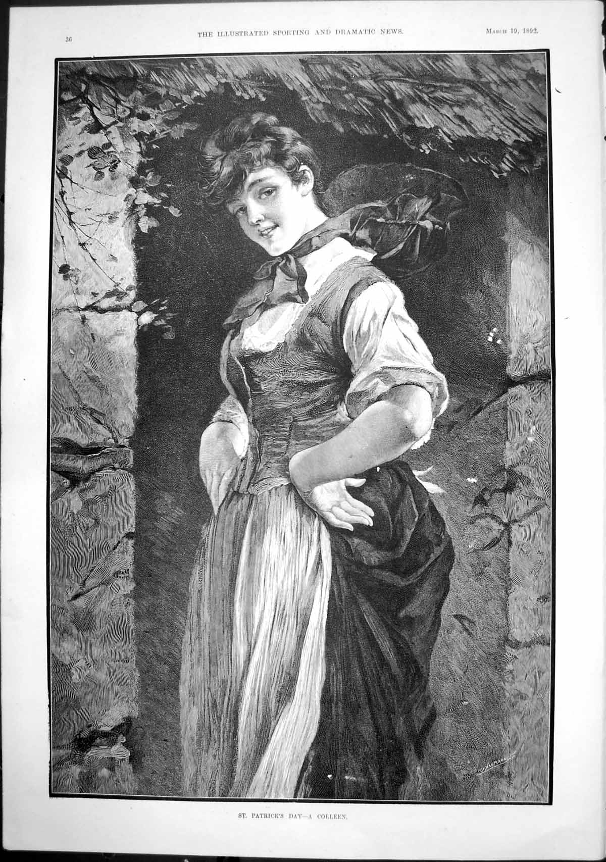 Original Old Antique Print St Patricks Day Colleen Young Woman Irish Dress 1892