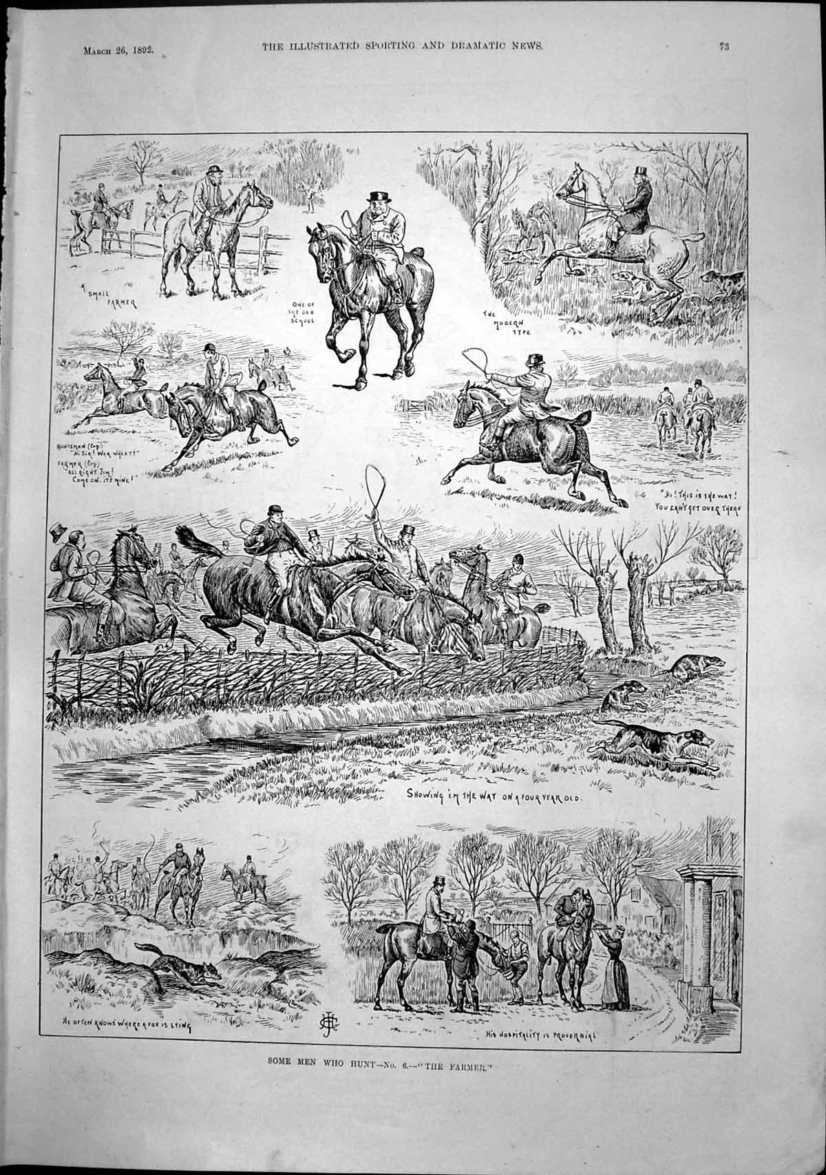 Old Print Some Men Who Hunt Farmer Showing Way Fox Lying Hospitality 1892 19th