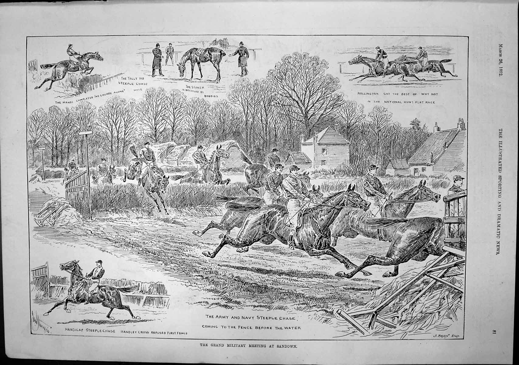 Antique Old Print Grand Military Meeting Sandown Army Navy Steeplrchase 1892