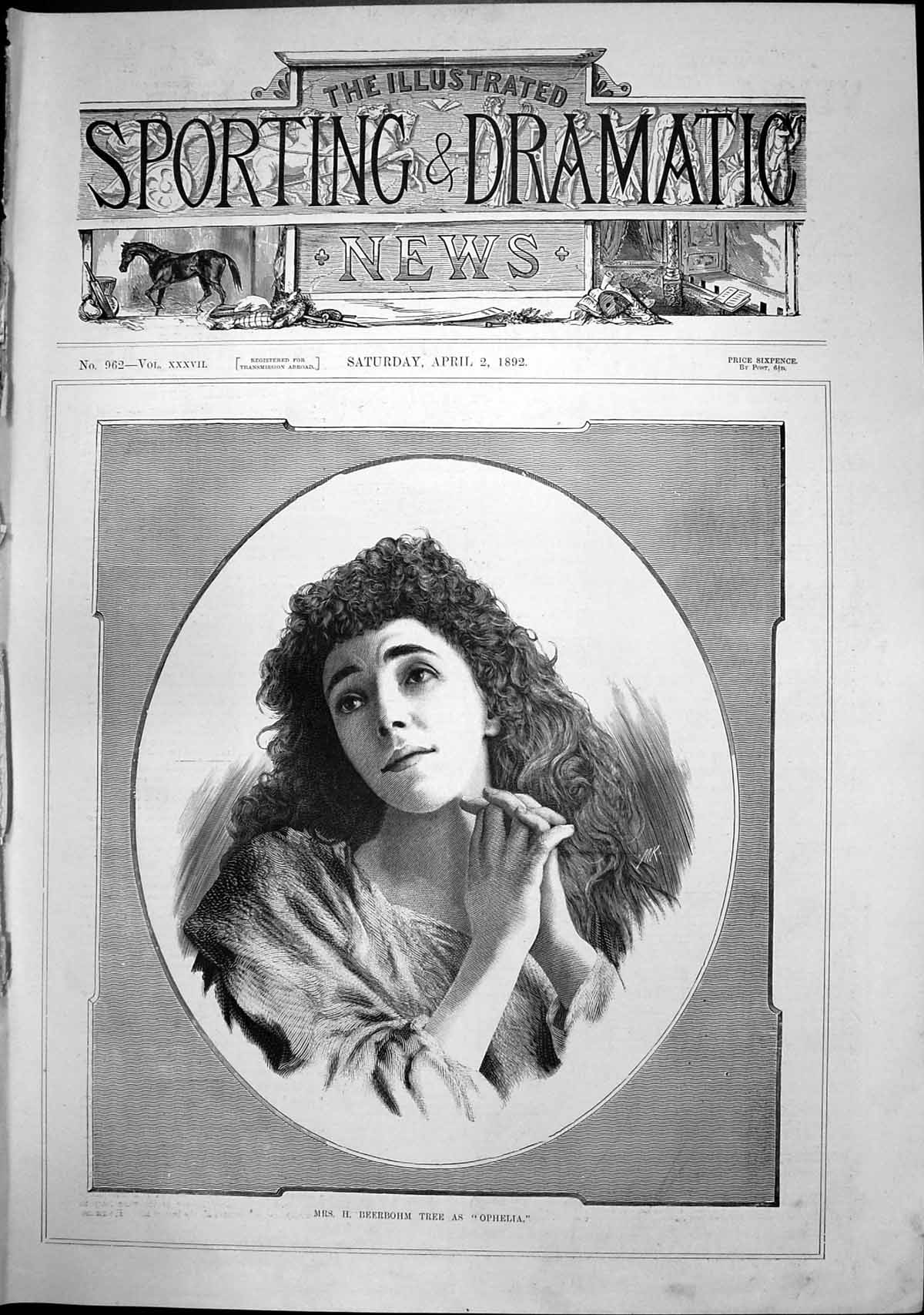 Original Old Antique Print Portrait Mrs H Beerbohm Tree As Ophelia 1892 19th