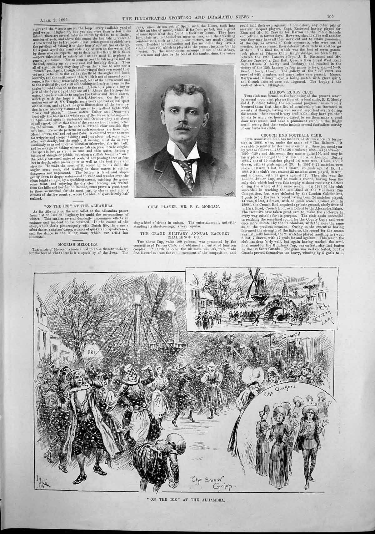 Antique Old Print Golf Player F Morgan On Ice Alhambra Barnsley Harriers 1892
