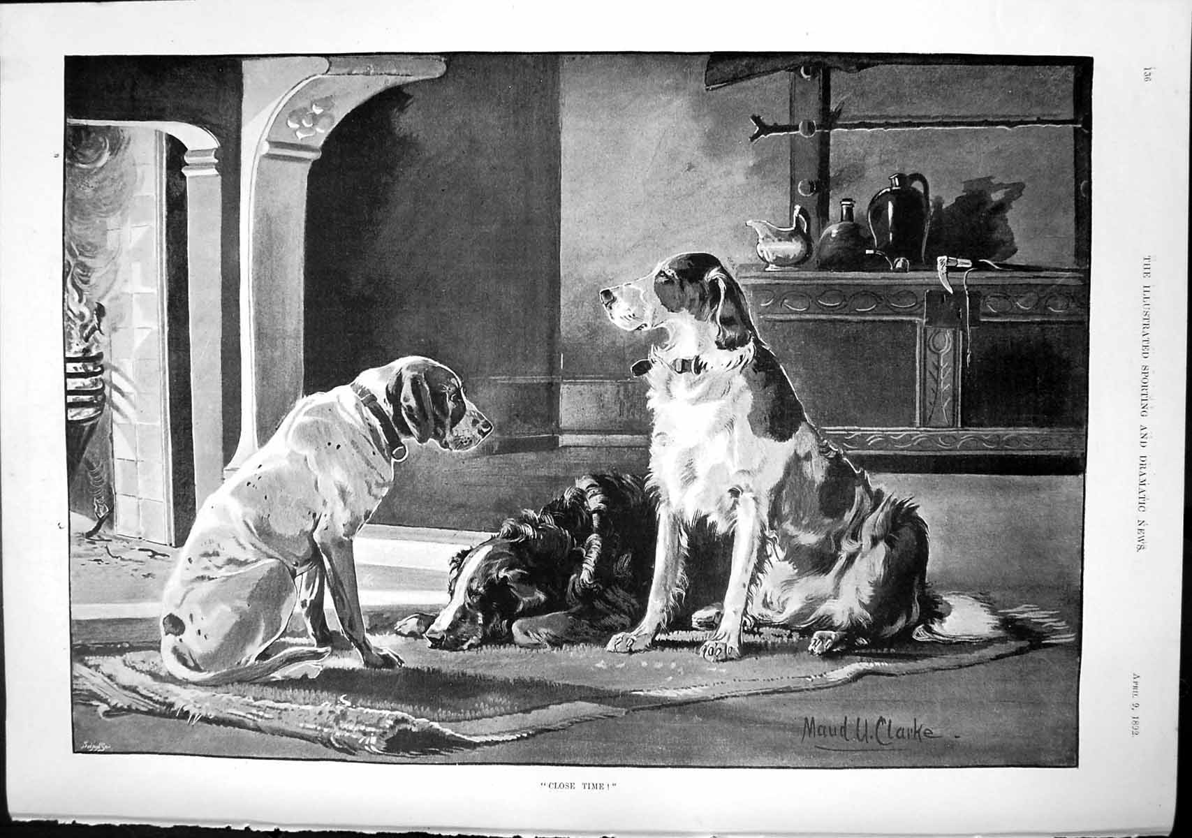 Old Close Time Maud Clarke Three Dogs Lying Rug Front Fire Kitchen 18 19th