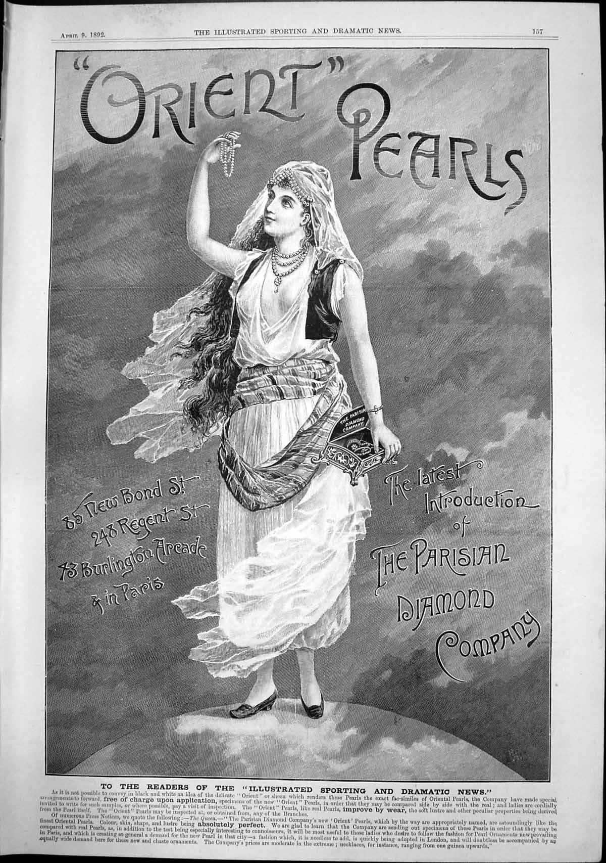 Old Print Orient Pearls Introduction Parisian Diamond Co Bond Street 1892 19th