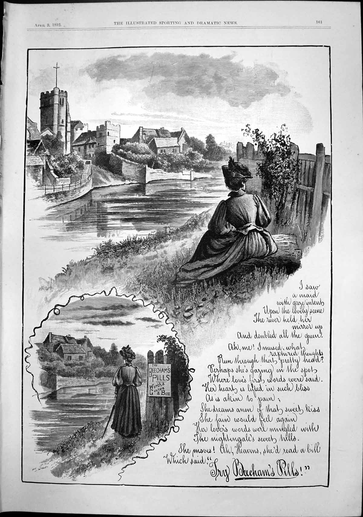 Antique Old Print Advert Beechams Pills Lady Sitting Riverside Church 1892 19th