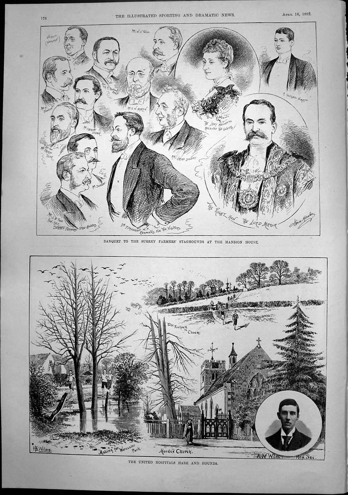 Antique Print Hospitals Hare Hounds Banquet Surrey Farmers Staghounds 1892 19th